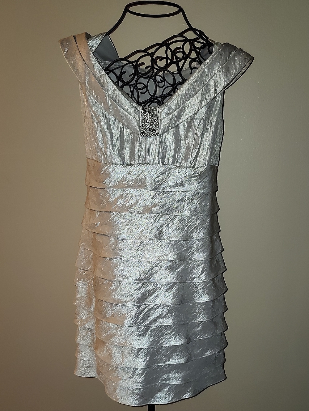 Tiered Cocktail Dress with jeweled V-neck